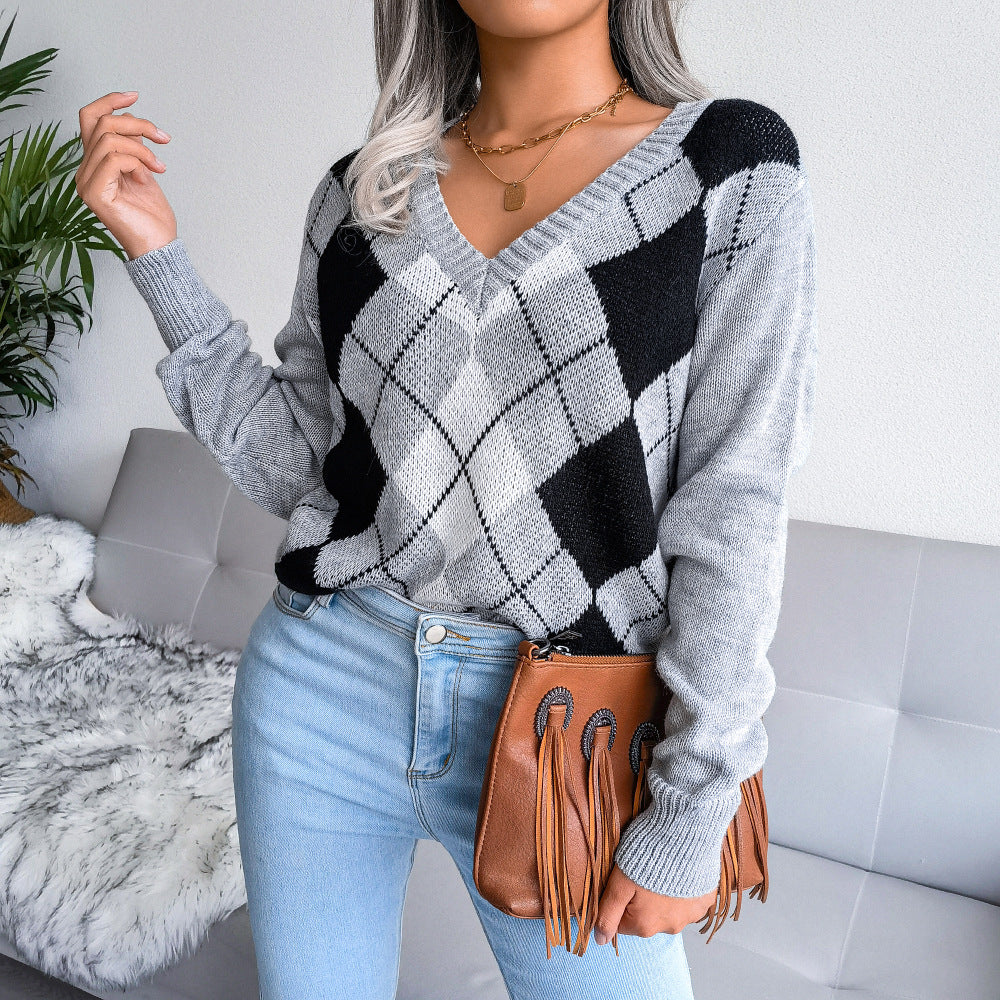 Women's Preppy Diamond Knit Sweater – Urban Casual Acrylic Pullover
