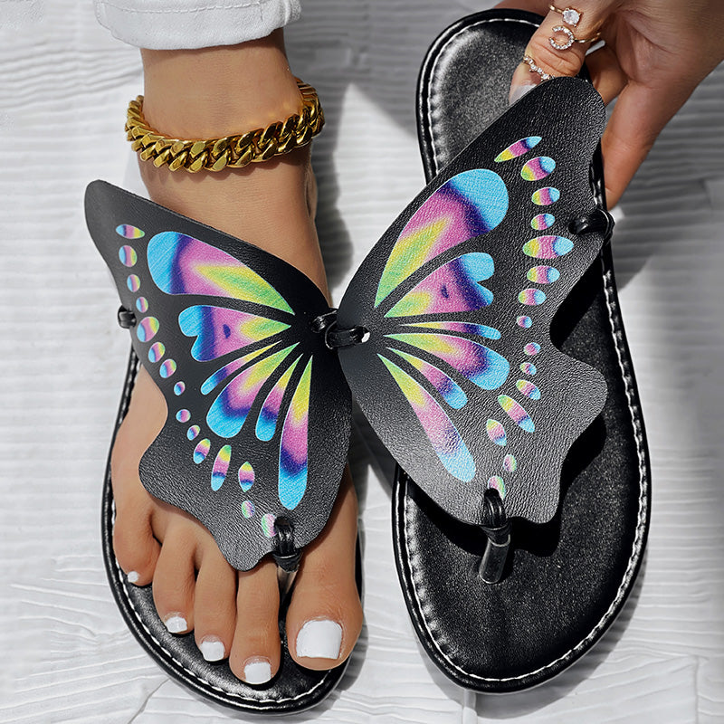 Schmetterlingsdruck Zehensteg-Flip-Flops mit runder Zehenkappe, Bequeme Sommer-Strandschuhe, Lässige Damenschuhe, Perfekt für Pool und Alltag