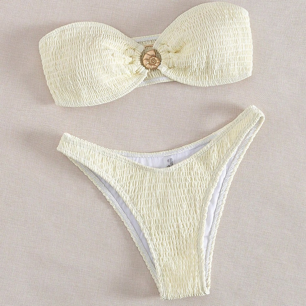 Maillot de bain bikini deux pièces ruché couleur unie pour femme