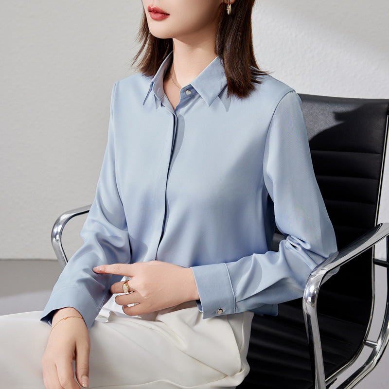 Women's Satin Long Sleeve Button Shirt Elegant OL Business Blouse – AdriaPulse
