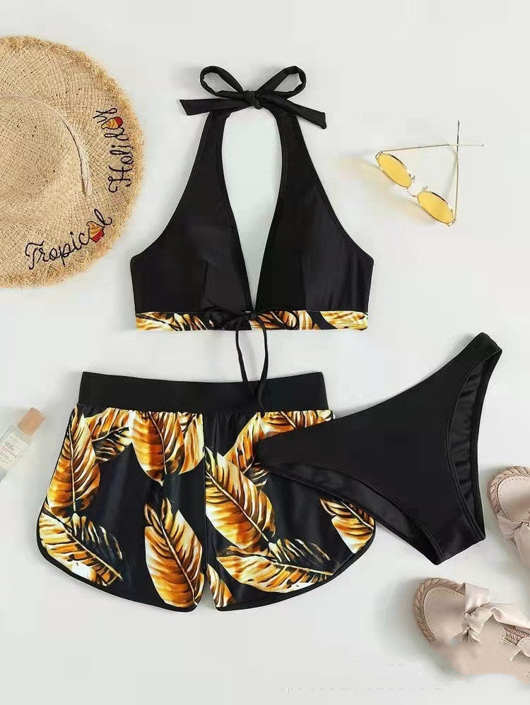 Women's 3-Piece Leaf Print Bikini Set with Shorts – Polyester Spandex, S–XL