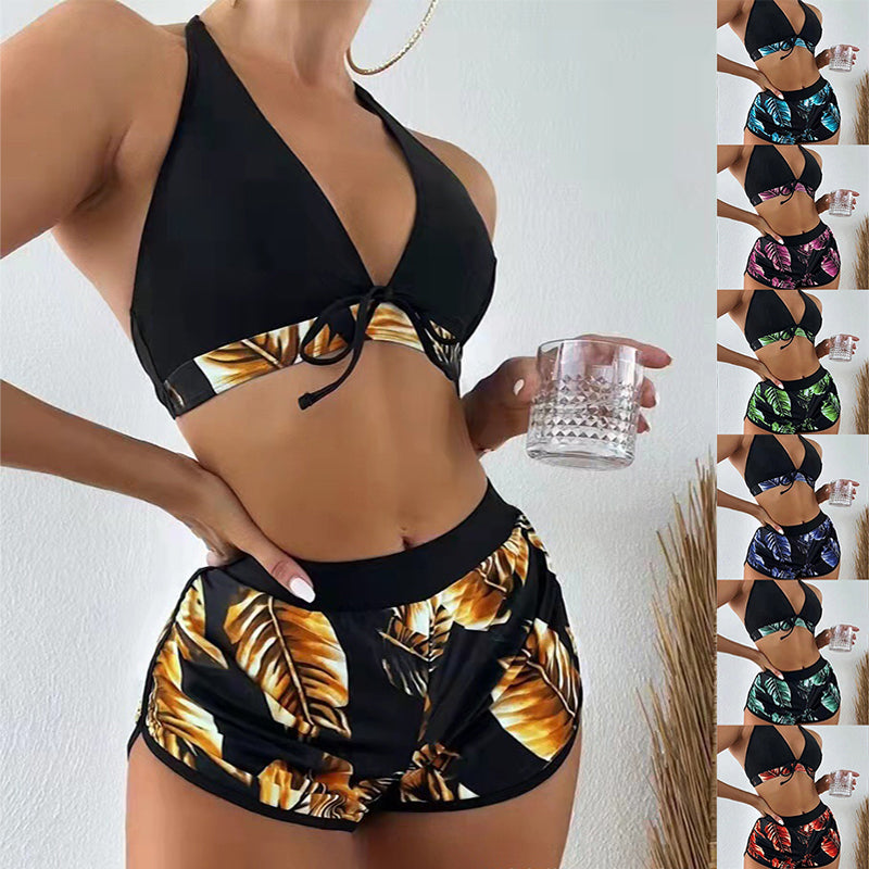 Ensemble bikini 3 pièces imprimé feuilles pour femme avec short – Polyester Spandex, S–XL