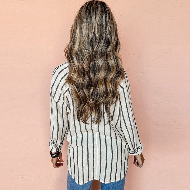 Women's Polo Collar Striped Long Sleeve Shirt  – AdriaPulse