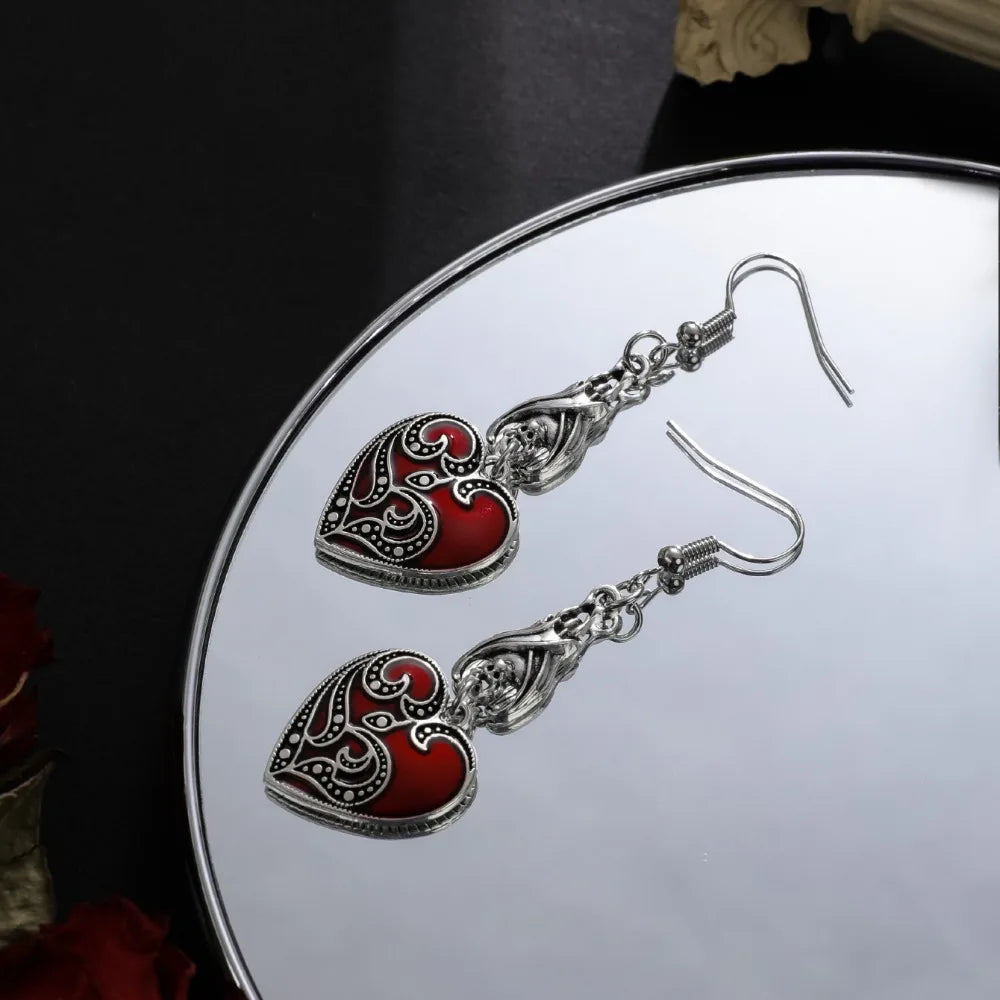 Boucles d'oreilles pendantes Cœur de chauve-souris Rouge Vin Rétro pour Femmes Fête d'Halloween Bijoux Punk Gothique Sombre Accessoires Cadeau