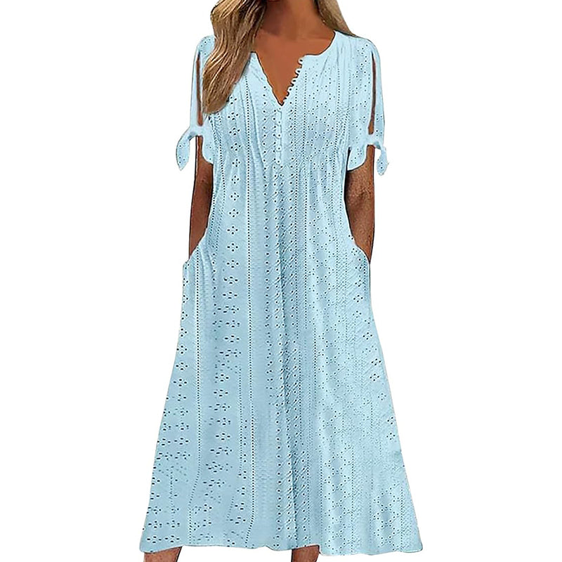 Women's Eyelet V-Neck Maxi Dress Short Sleeve Flowy A-Line Summer Beach Dress Color A Front View – AdriaPulse