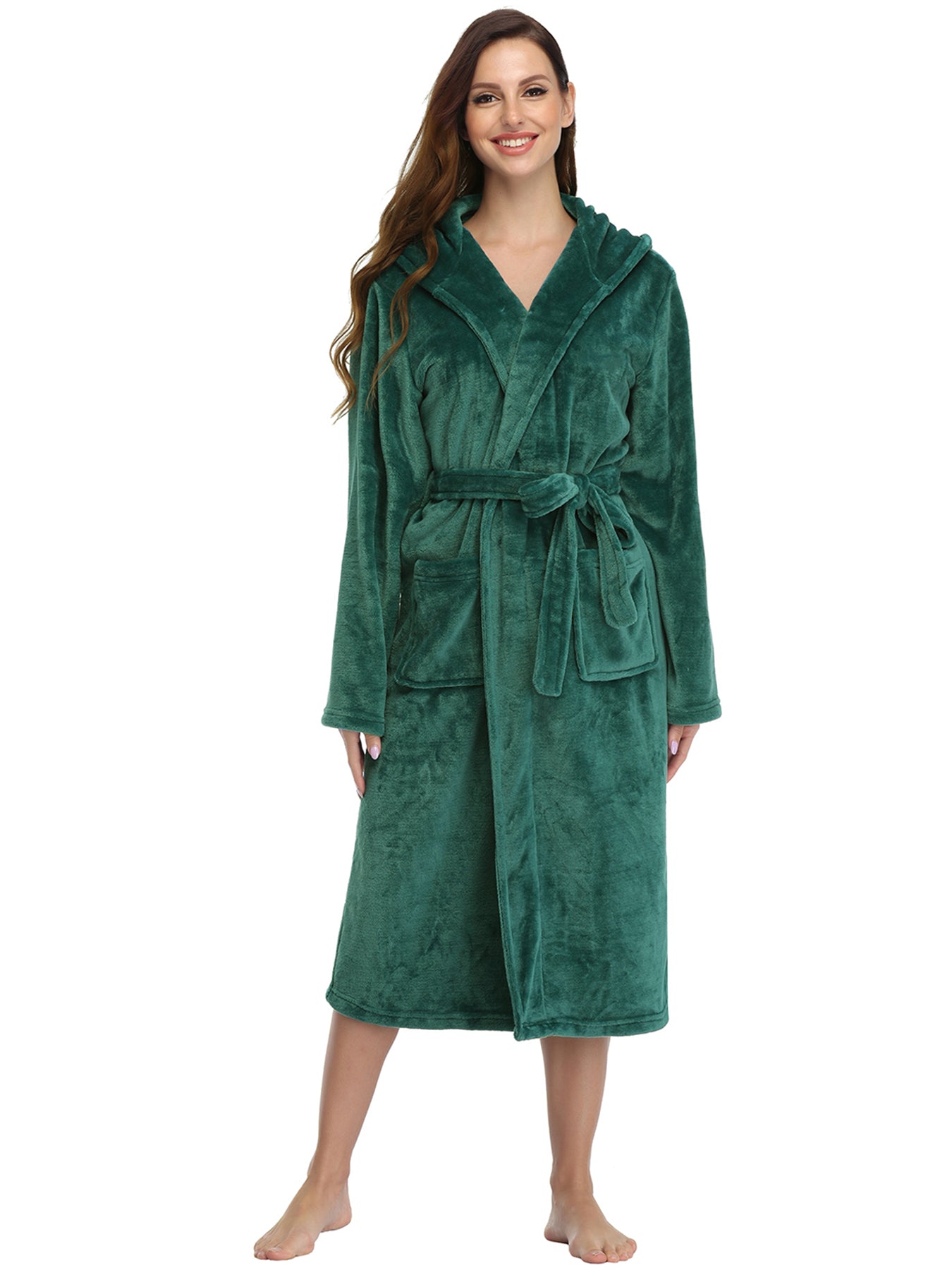 Robe de chambre longue en polaire moelleuse pour femme RONGTAI, peignoir épais à capuche avec poches, vêtement de nuit moelleux pour homme