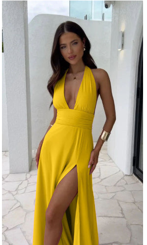 Halterneck V-Neck Slit Maxi Dress Backless Strappy Summer Dress AdriaPulse