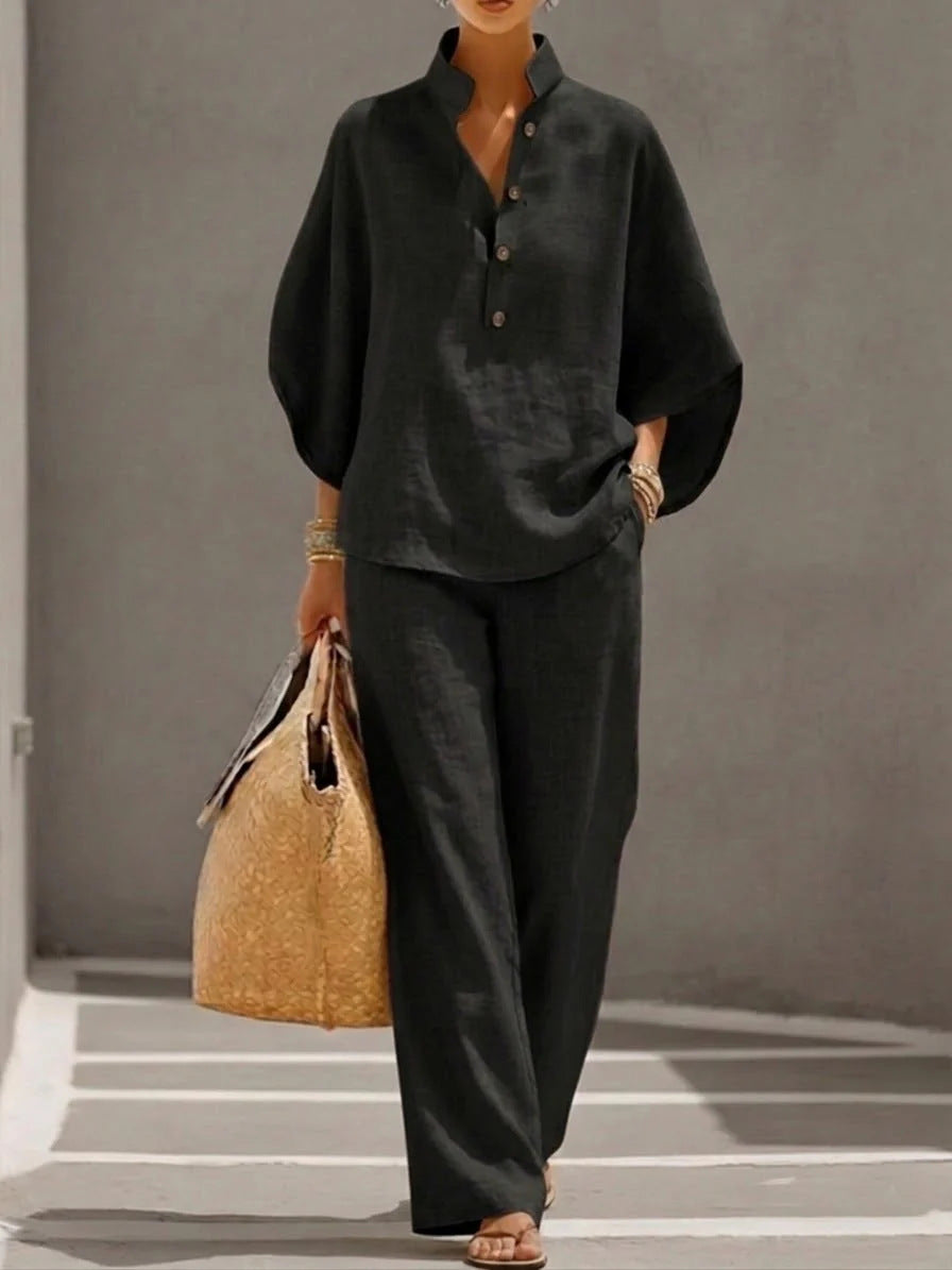 Women's Short Sleeve Top Straight-Leg Trousers Two-Piece Suit Casual Linen-Look Co-Ord Set – AdriaPulse
