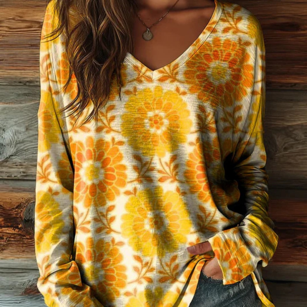Damen bedrucktes V-Ausschnitt Langarm-Pullover-Oberteil mit überschnittenen Schultern