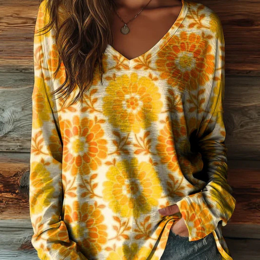 Damen bedrucktes V-Ausschnitt Langarm-Pullover-Oberteil mit überschnittenen Schultern