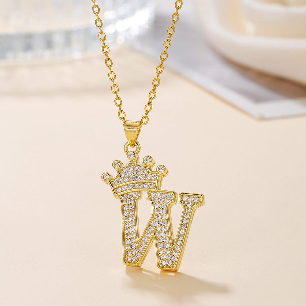 Gold Crown Initial Letter Pendant Necklace – Zircon A–Z Alphabet Jewelry