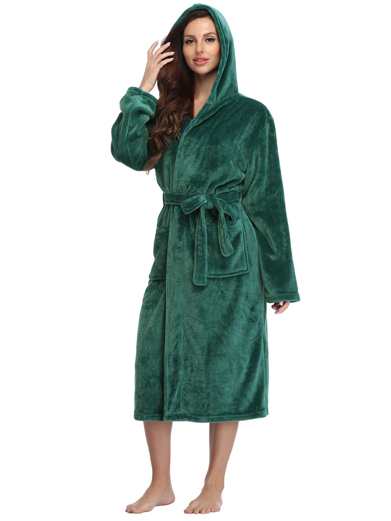 Robe de chambre longue en polaire moelleuse pour femme RONGTAI, peignoir épais à capuche avec poches, vêtement de nuit moelleux pour homme