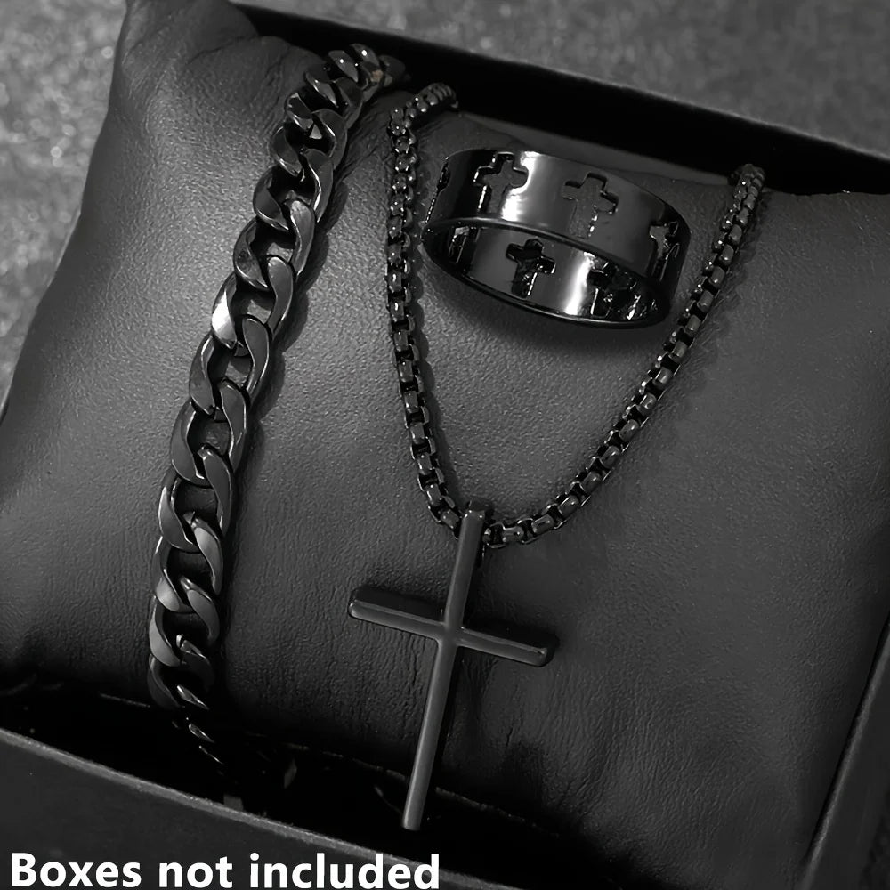 Herren 3-teiliges Mode-Schmuckset aus Legierung – Kreuz-Anhänger Halskette, Armband & Ring Kombination