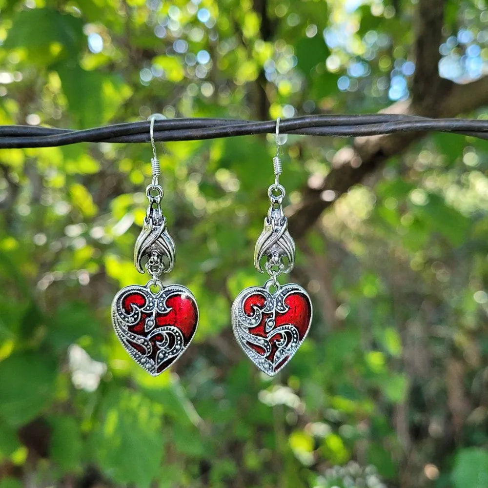 Boucles d'oreilles pendantes Cœur de chauve-souris Rouge Vin Rétro pour Femmes Fête d'Halloween Bijoux Punk Gothique Sombre Accessoires Cadeau