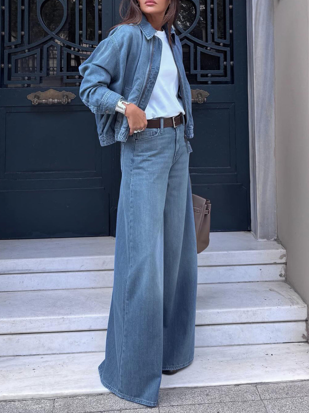 Women's Light Blue Denim Cropped Jacket and Wide Leg Jeans Matching Set – AdriaPulse