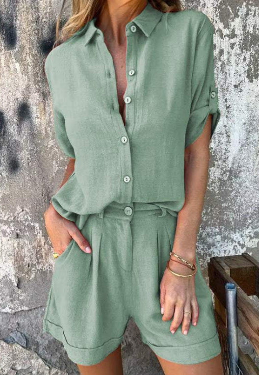 Women's Linen Short Sleeve Shirt & Shorts Two-Piece Suit – AdriaPulse