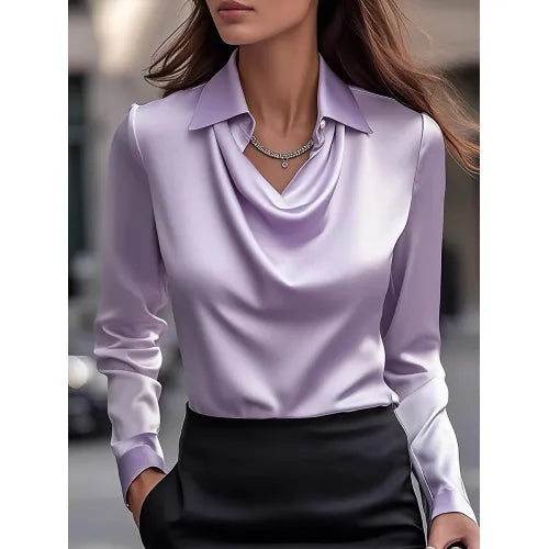 Collared Long Sleeve Solid Color Blouse Women Casual Business Top AdriaPulse
