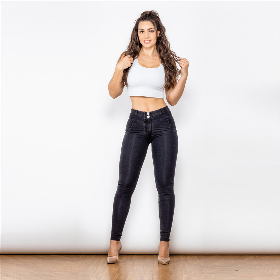 Women's stretch boyfriend straight leg jeans in black washed denim, relaxed fit casual style – AdriaPulse"