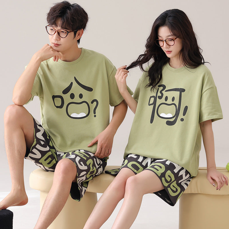 Couples Matching Cotton Pajama Set – Loose Short Sleeve & Shorts Loungewear – AdriaPulse"