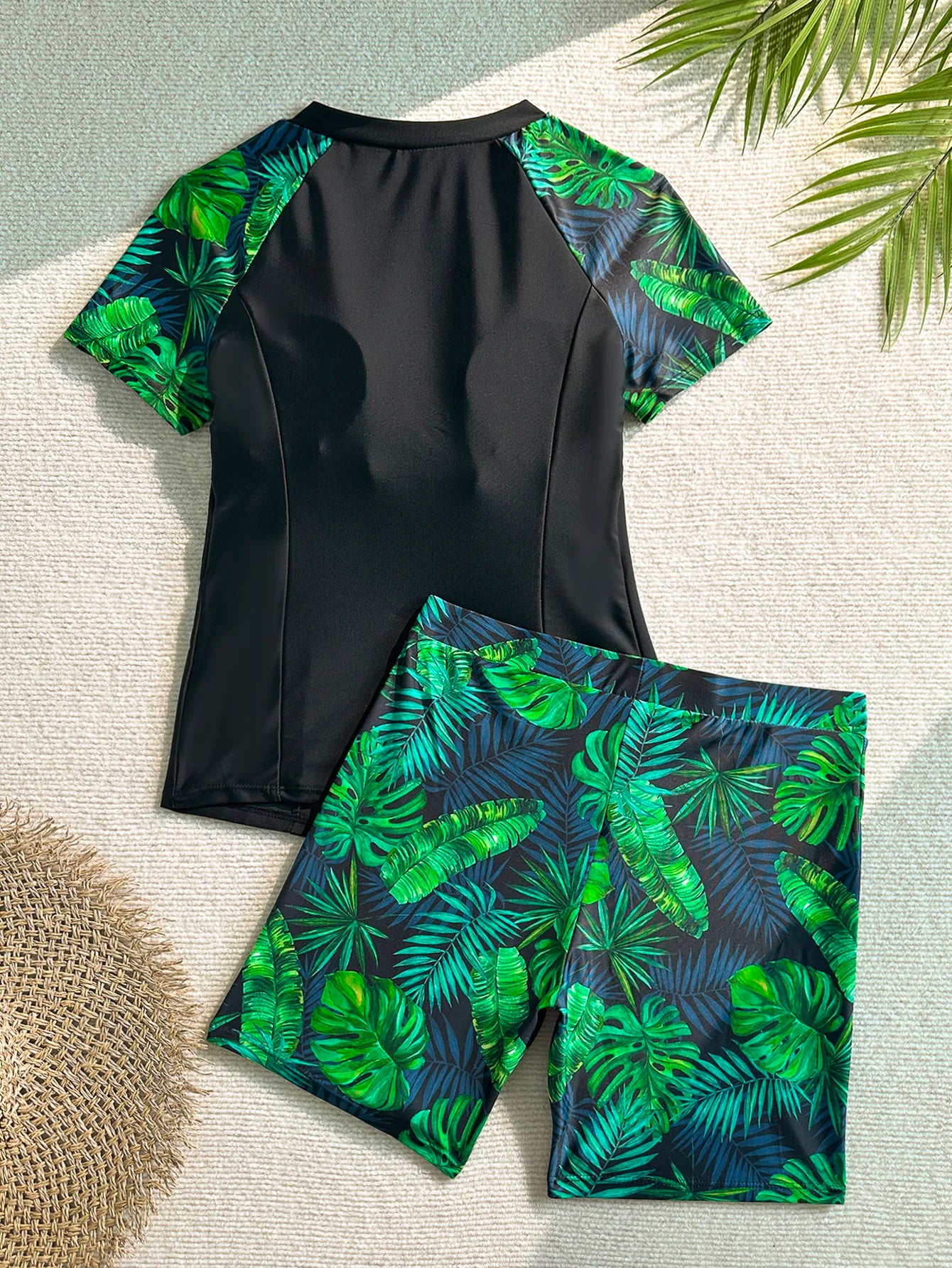 Ensemble de maillot de bain tankini pour femme, maillot de bain deux pièces, manches courtes, vacances à la plage, coupe ajustée, imprimé plantes tropicales, short de bain boxer, maillot de bain de sport à la mode