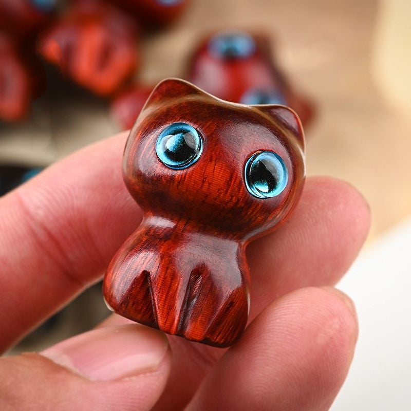 Handmade Sandalwood Cat & Animal Figurine – Mini Wooden Desk Ornament