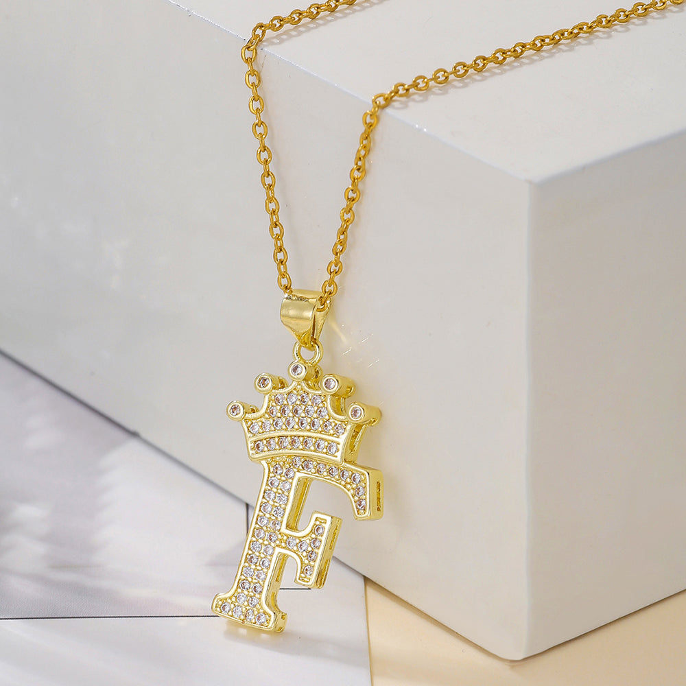 Gold Crown Initial Letter Pendant Necklace – Zircon A–Z Alphabet Jewelry