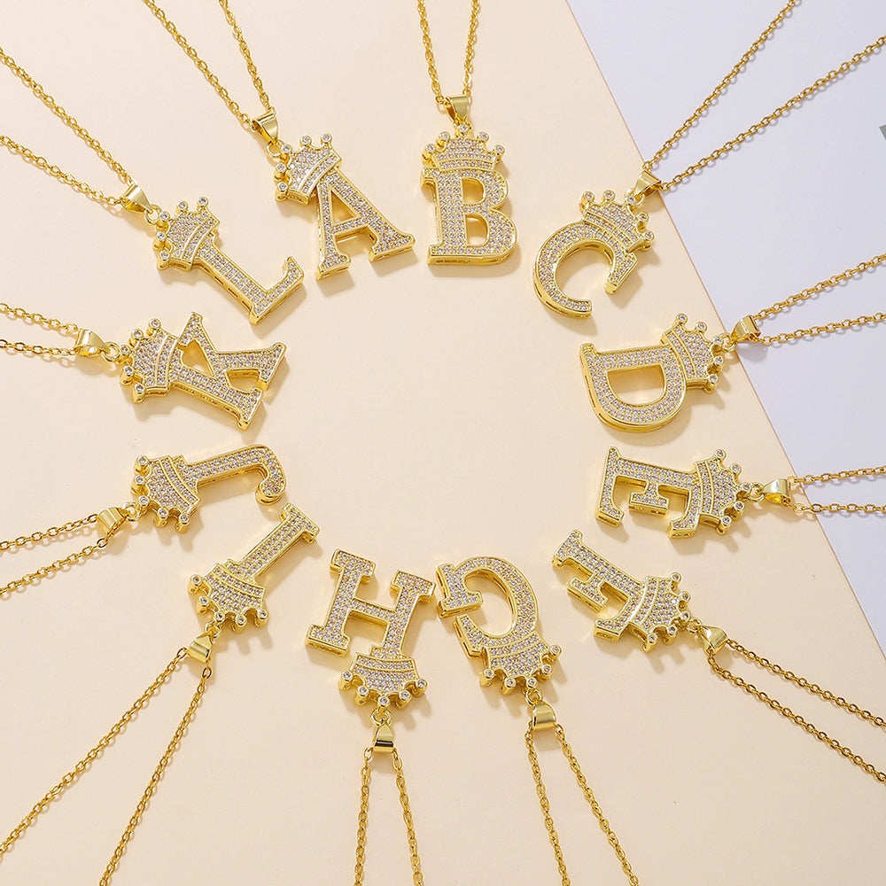 Goldkrone Anfangsbuchstaben Anhänger Halskette – Zirkon A–Z Alphabet Schmuck