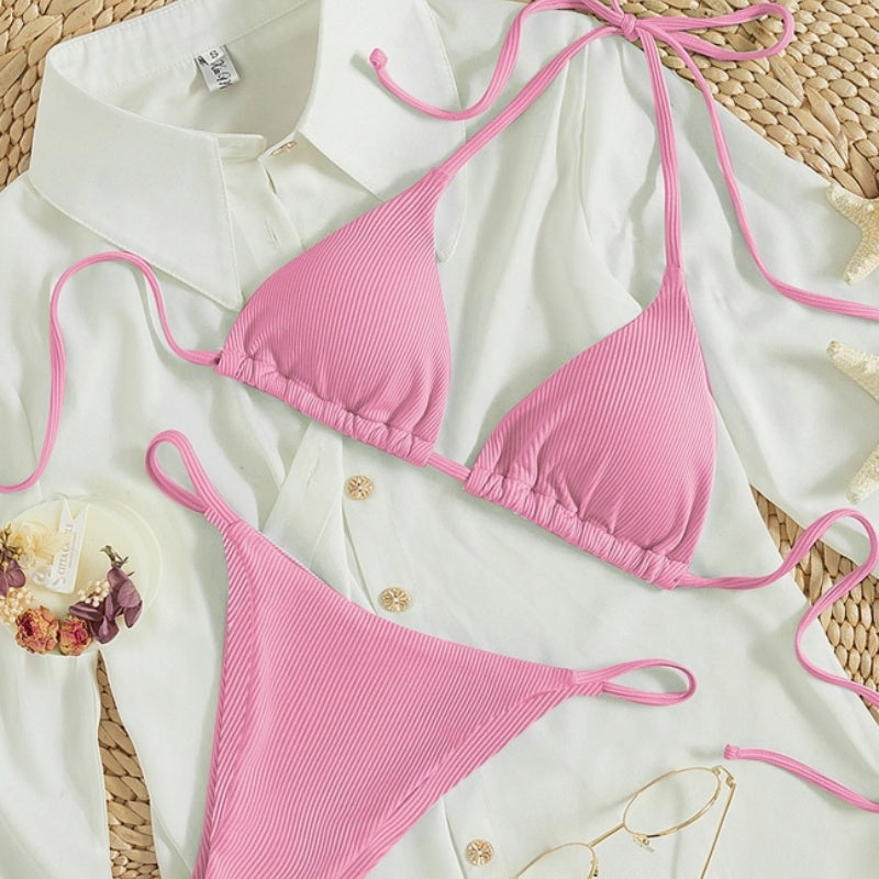 Women's Sexy Ribbed Tie Bikini Set – V-Neck Two-Piece Swimsuit