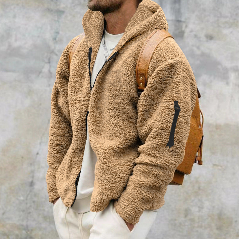 Men's Plush Hooded Fleece Jacket – Double-Sided Reversible Coat