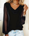 Haut Femme en Velours Col V Manches Longues | T-shirt Élégant en Maille Strass