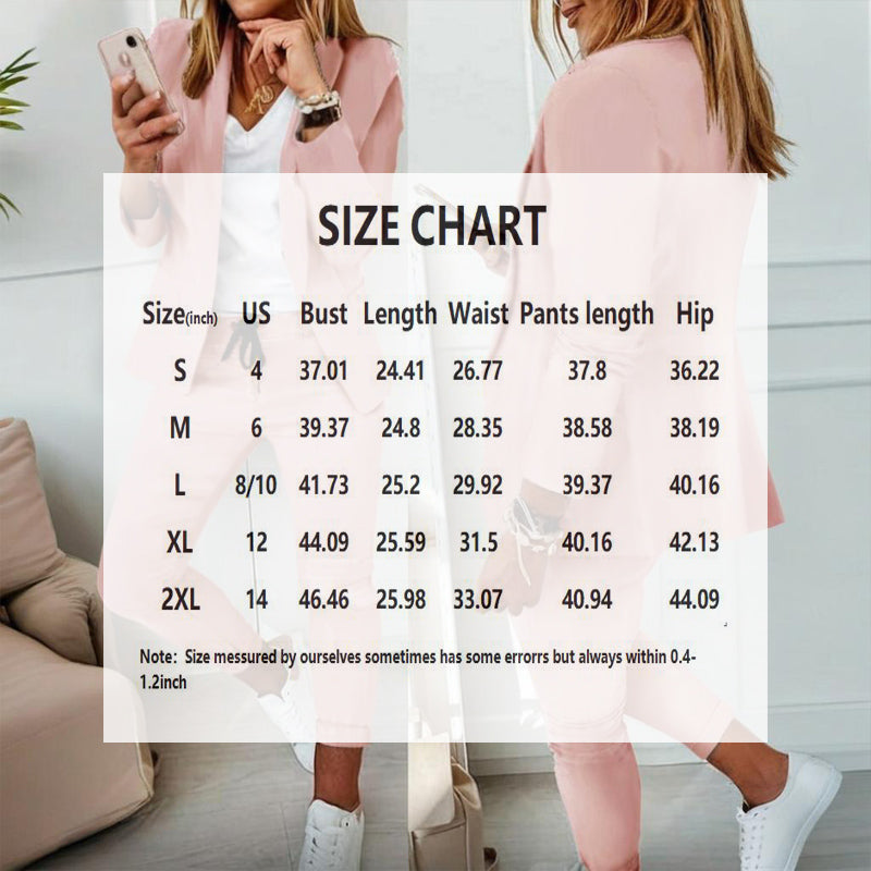 Women's Notch Lapel Blazer & Drawstring Pants Suit Set Business Casual – Black – Front View | AdriaPulse