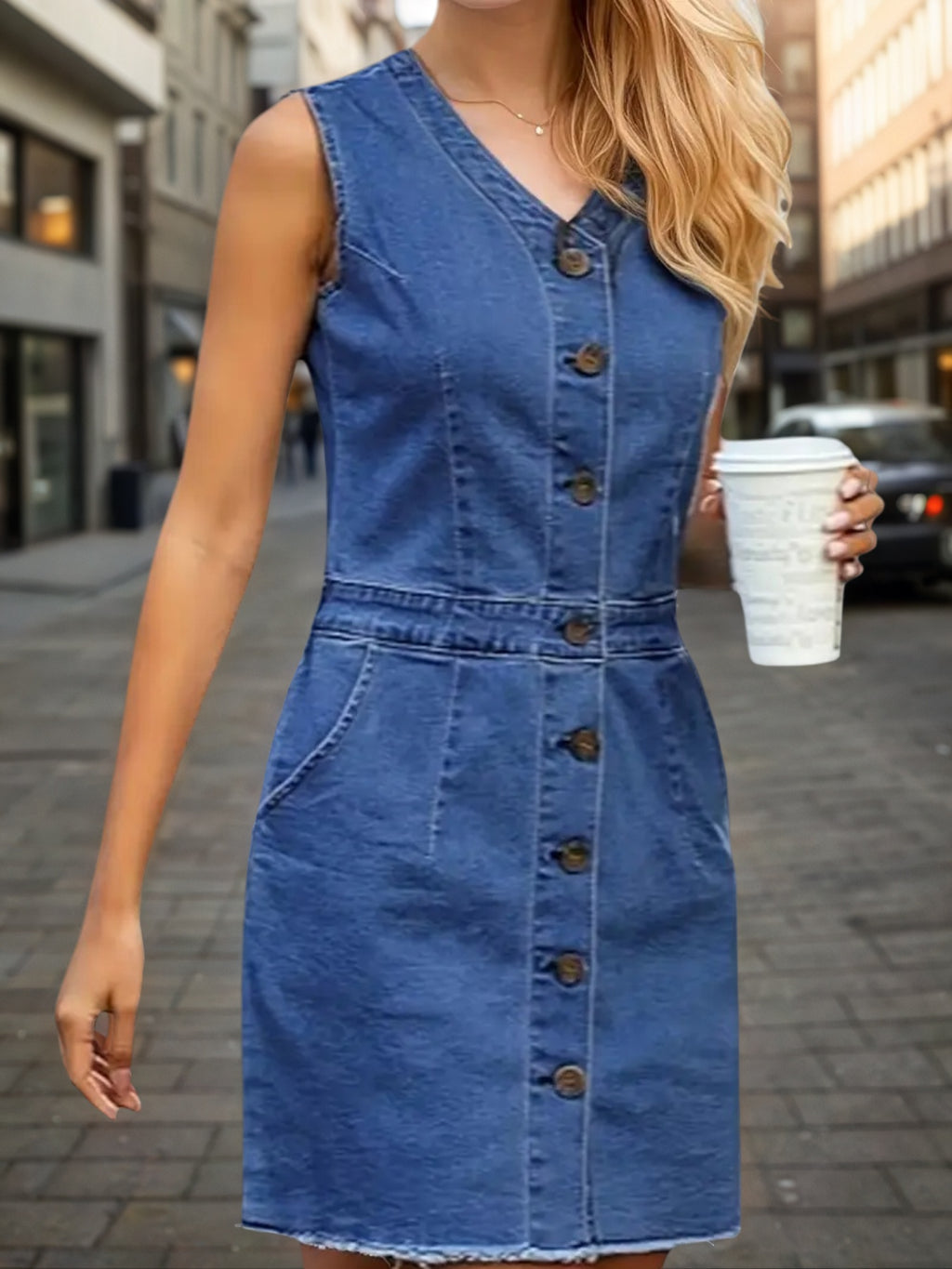 Women's Sleeveless V-Neck Denim Dress Button Detail Frayed Hem – AdriaPulse