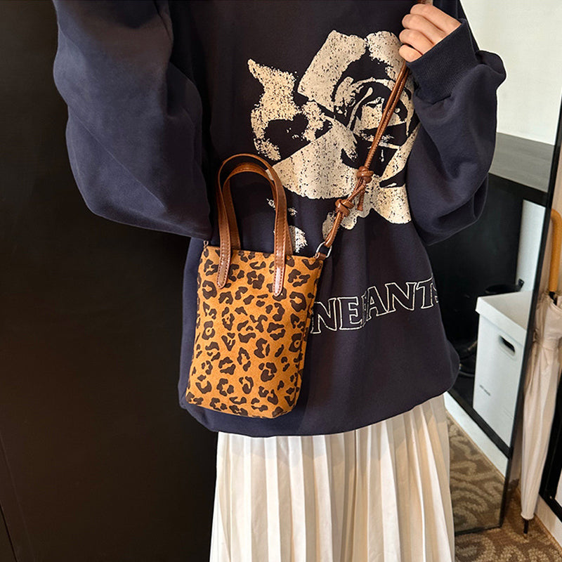 Umhängetasche mit Retro-Leopardenmuster | Wildleder-Schultertasche für Telefone – Damenmode Herbst Winter