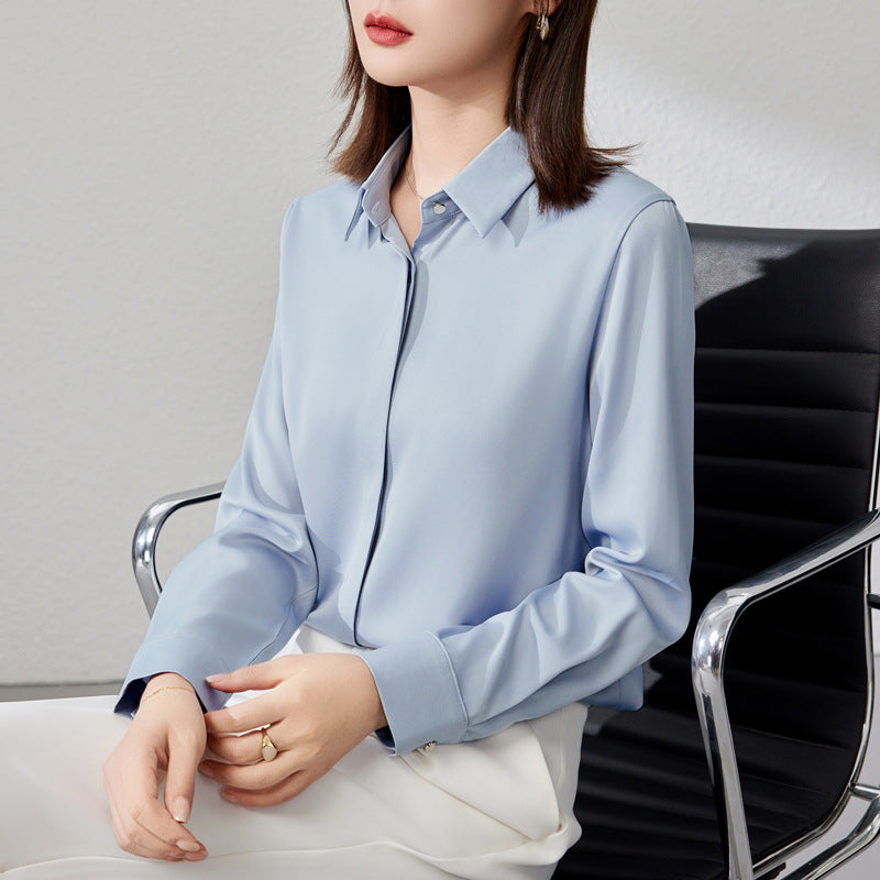 Women's Satin Long Sleeve Button Shirt Elegant OL Business Blouse – AdriaPulse
