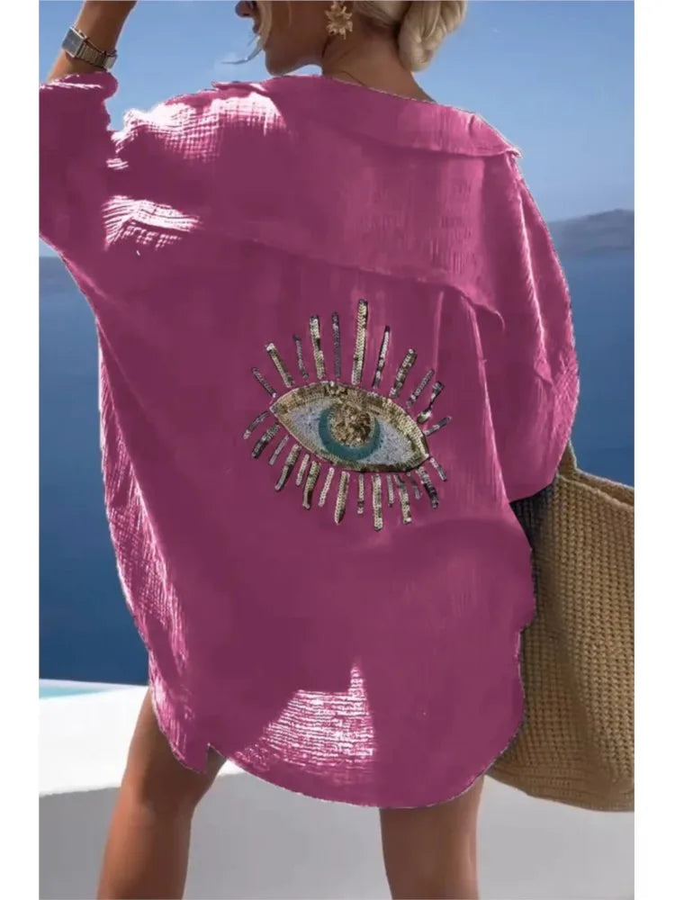 Frühling Sommer Mode Pailletten Augen Hemdblusenkleider 2024 Damen Casual Strand Stil Loose Button Sonnenschutz Hemdkleid