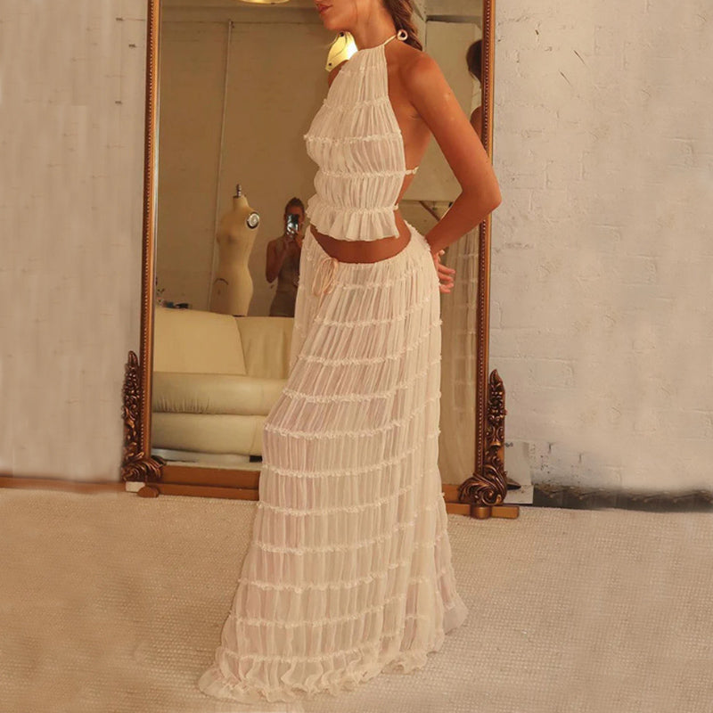 Women's Halter Crop Top & Pleated Maxi Skirt Set – Sexy Backless 2-Piece Beach Dress Suit