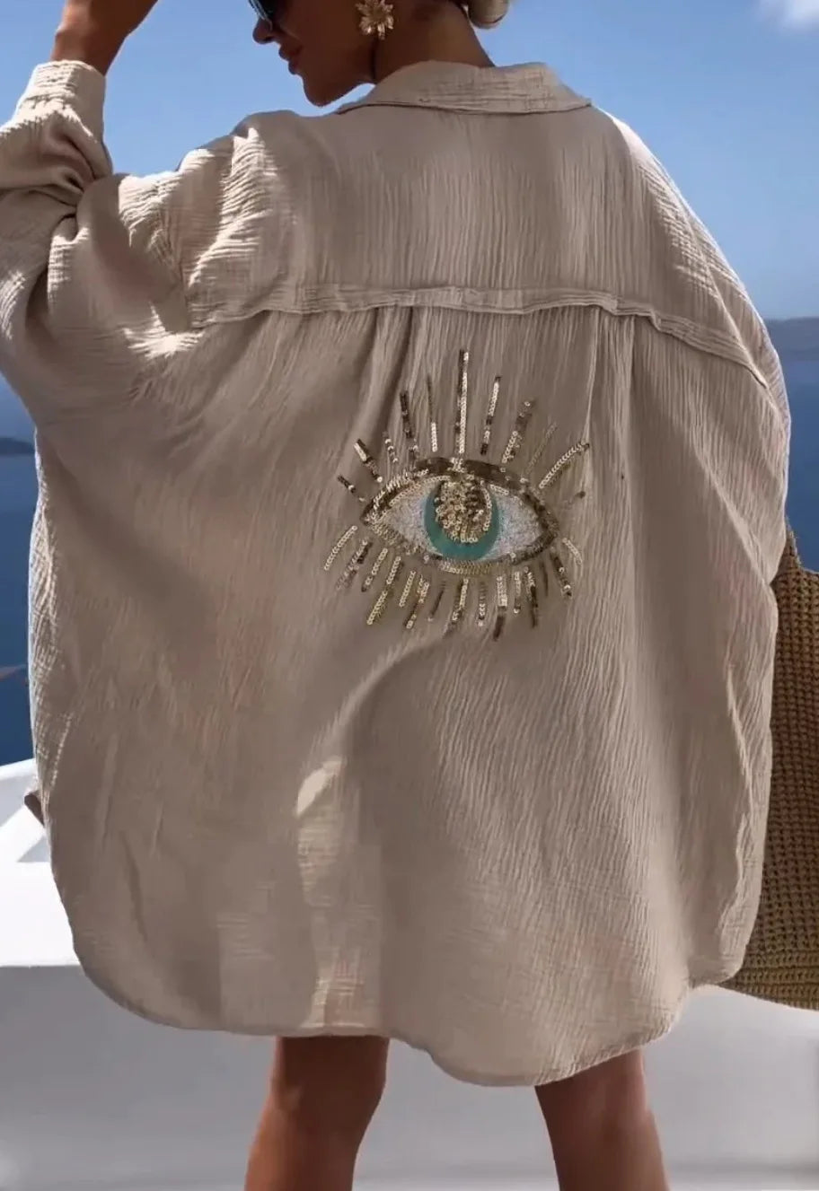 Frühling Sommer Mode Pailletten Augen Hemdblusenkleider 2024 Damen Casual Strand Stil Loose Button Sonnenschutz Hemdkleid