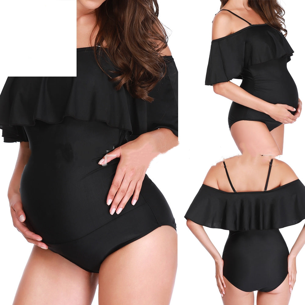 Off-Shoulder Ruffle Plus Size Maternity Swimwear | Women's Solid Swimsuit – S to 5XL