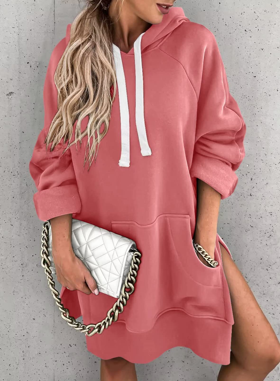 Damen Kapuzenpullover mit Taschen Mode Lässiger Split Mittellanger Pullover Kordelzug Oberteile