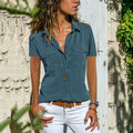 Women's Lapel Short Sleeve Loose Shirt Denim  – AdriaPulse