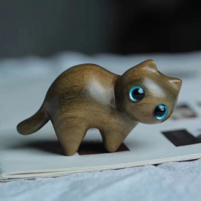 Handmade Sandalwood Cat & Animal Figurine – Mini Wooden Desk Ornament