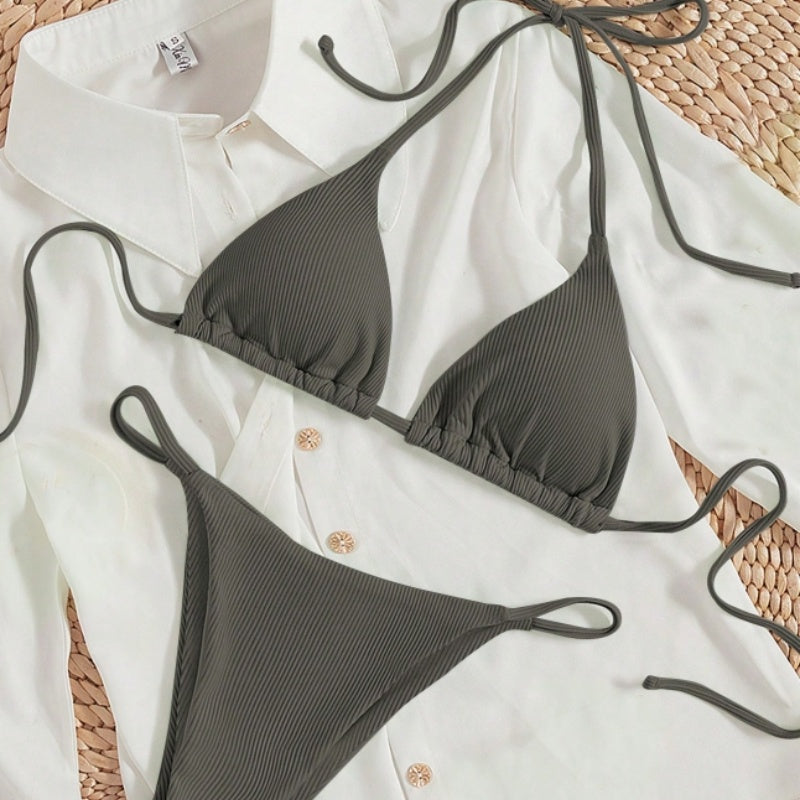 Women's Sexy Ribbed Tie Bikini Set – V-Neck Two-Piece Swimsuit