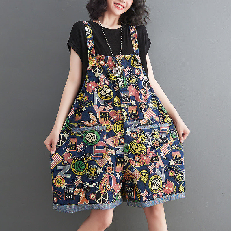 Women's printed denim bib overalls shorts with suspender straps in blue, urban casual summer style – AdriaPulse"