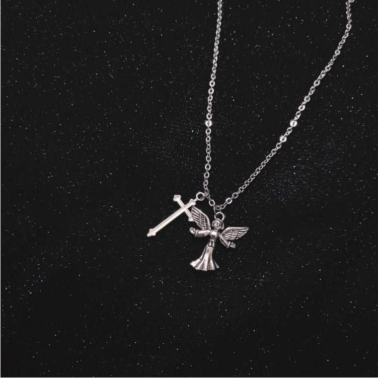 Angel Wings Cross Pendant Necklace – Silver Alloy Clavicle Chain