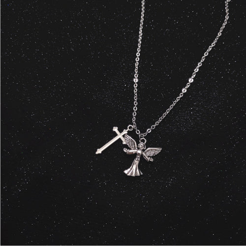 Angel Wings Cross Pendant Necklace – Silver Alloy Clavicle Chain