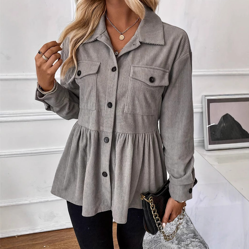 Women's Casual Corduroy Shirt Coat Loose Long Sleeve Gray – AdriaPulse