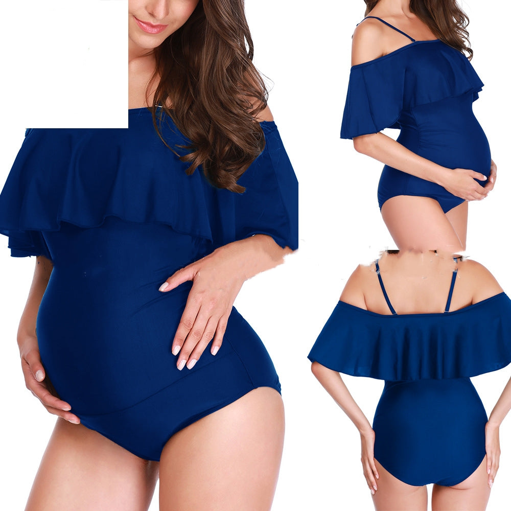 Off-Shoulder Ruffle Plus Size Maternity Swimwear | Women's Solid Swimsuit – S to 5XL