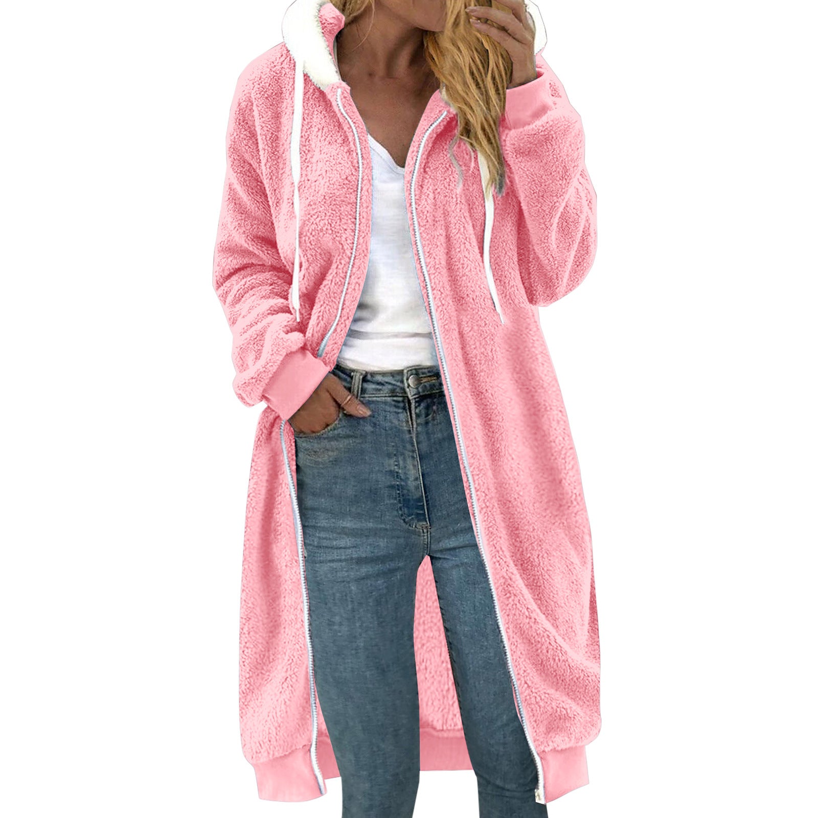 Manteau à capuche en peluche double face mi-long épais pour femme