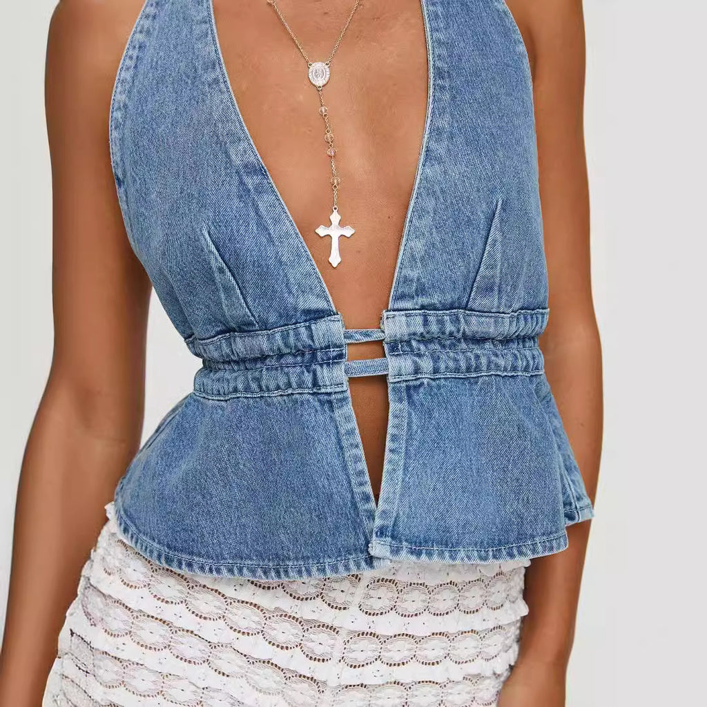 Washed Denim Halter Lace-Up Backless Top | AdriaPulse