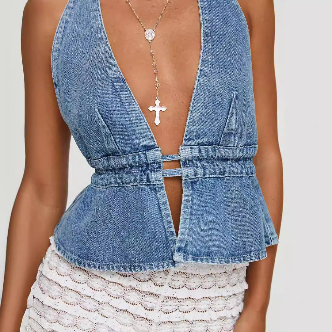 Washed Denim Halter Lace-Up Backless Top | AdriaPulse